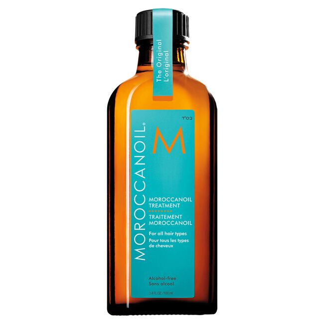 Moroccanoil hair treatment bottle on a white background